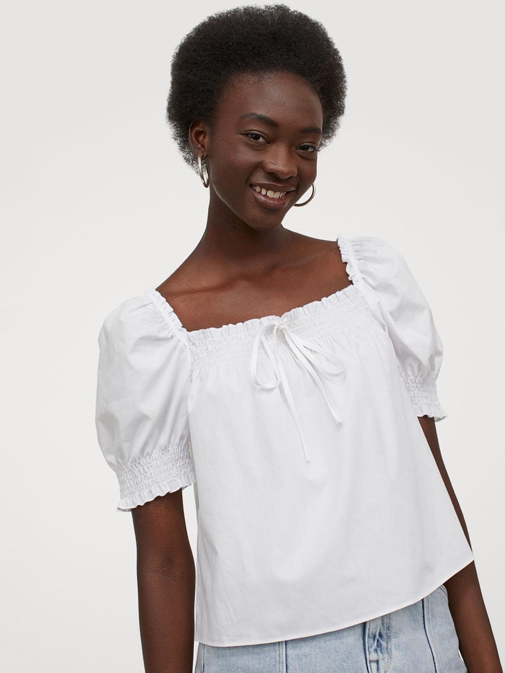 H&M White Smocked Square-Neck Puff Sleeve Top